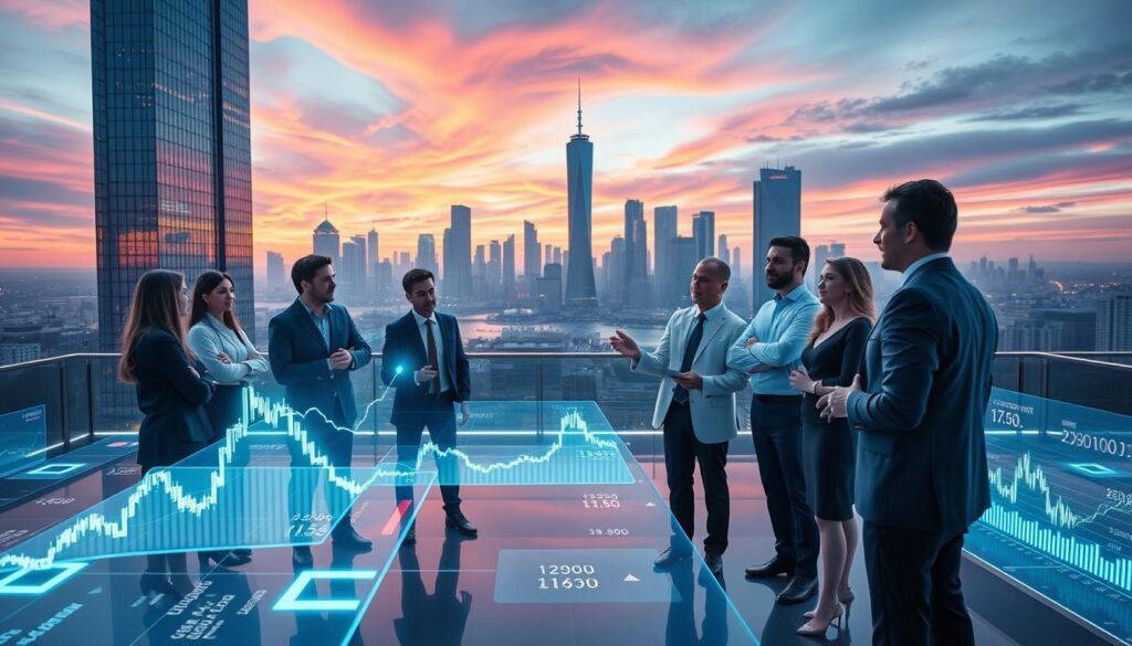 A futuristic digital landscape showcasing the trends and dynamics of crypto investment. In the foreground, a diverse group of professionals in business attire, engaged in animated discussions, surrounded by holographic charts and graphs displaying rising and falling cryptocurrency values. The middle ground features a sleek, modern trading floor filled with glowing screens, showcasing real-time data of crypto markets. In the background, a city skyline with towering glass buildings, under a dusk sky filled with vibrant colors, symbolizing growth and innovation. Soft, ambient lighting highlights the professionals and digital displays, creating a dynamic and optimistic atmosphere of investment opportunities in the crypto space.