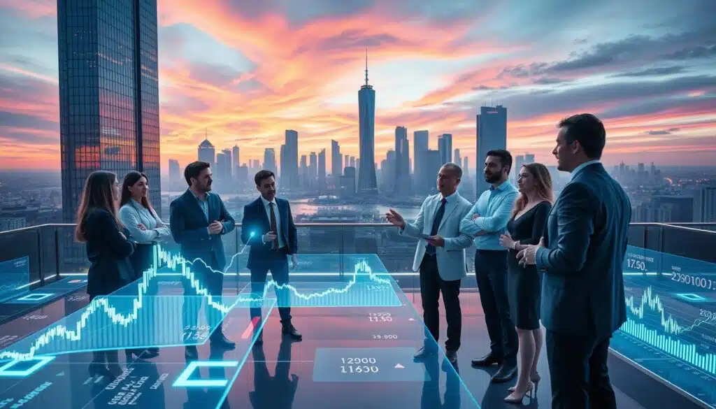 A futuristic digital landscape showcasing the trends and dynamics of crypto investment. In the foreground, a diverse group of professionals in business attire, engaged in animated discussions, surrounded by holographic charts and graphs displaying rising and falling cryptocurrency values. The middle ground features a sleek, modern trading floor filled with glowing screens, showcasing real-time data of crypto markets. In the background, a city skyline with towering glass buildings, under a dusk sky filled with vibrant colors, symbolizing growth and innovation. Soft, ambient lighting highlights the professionals and digital displays, creating a dynamic and optimistic atmosphere of investment opportunities in the crypto space.