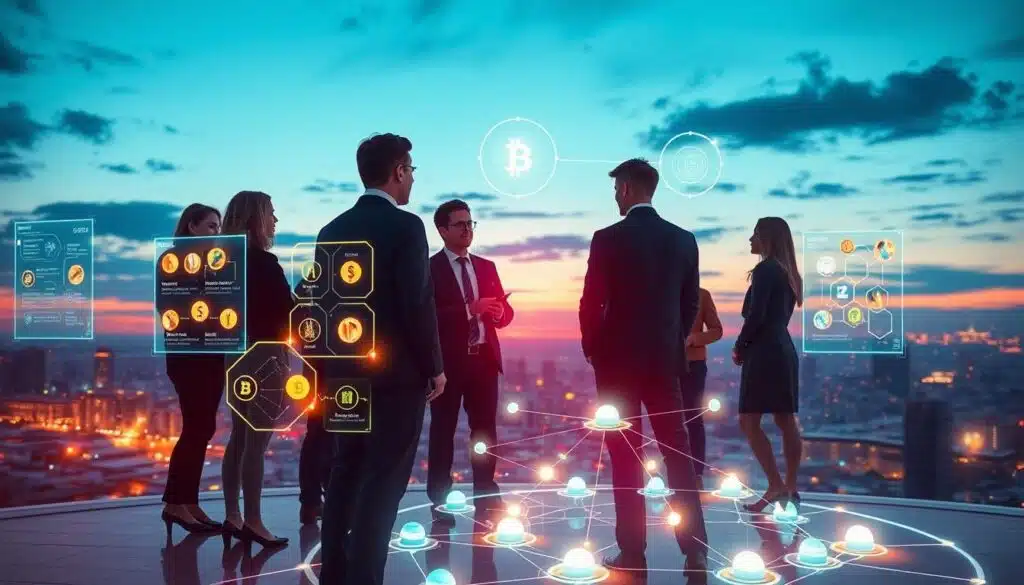 A futuristic digital landscape showcasing token-based governance in decentralized organizations. In the foreground, a diverse group of professionals dressed in smart business attire, engaged in a collaborative discussion, surrounded by holographic interfaces displaying vibrant cryptocurrency tokens and governance charts. In the middle ground, interconnected nodes of a blockchain network are illustrated with glowing lines linking various elements, symbolizing decentralized decision-making. The background features a skyline of modern, technological cityscape under a twilight sky, bathed in soft blue and purple hues. The overall mood is one of innovation and collaboration, illuminated by dynamic lighting that enhances the futuristic atmosphere, shot with a wide-angle lens to capture the vastness of the scene. A futuristic digital landscape showcasing token-based governance in decentralized organizations. In the foreground, a diverse group of professionals dressed in smart business attire, engaged in a collaborative discussion, surrounded by holographic interfaces displaying vibrant cryptocurrency tokens and governance charts. In the middle ground, interconnected nodes of a blockchain network are illustrated with glowing lines linking various elements, symbolizing decentralized decision-making. The background features a skyline of modern, technological cityscape under a twilight sky, bathed in soft blue and purple hues. The overall mood is one of innovation and collaboration, illuminated by dynamic lighting that enhances the futuristic atmosphere, shot with a wide-angle lens to capture the vastness of the scene.