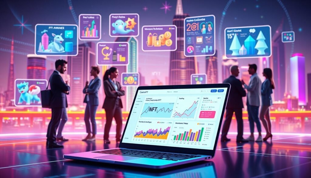 A futuristic digital landscape showcasing vibrant NFT market trends and platforms. In the foreground, a sleek, modern laptop displays dynamic analytics graphs and colorful NFT artwork. Surrounding the laptop, there are diverse professional individuals in business attire engaging in discussions, analyzing data, and collaborating. In the middle ground, various floating digital panels illustrate trending NFT collections, marketplaces, and blockchain technologies in vivid colors. The background features a stylized cityscape with neon lights representing a bustling digital economy. Soft, ambient lighting enhances the tech-savvy atmosphere, while a slight lens flare adds a sense of innovation and excitement. The overall mood is energetic and forward-looking, emphasizing the rapid evolution of the NFT market.
