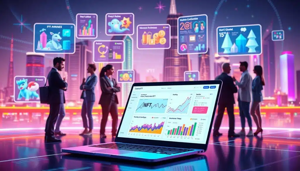 A futuristic digital landscape showcasing vibrant NFT market trends and platforms. In the foreground, a sleek, modern laptop displays dynamic analytics graphs and colorful NFT artwork. Surrounding the laptop, there are diverse professional individuals in business attire engaging in discussions, analyzing data, and collaborating. In the middle ground, various floating digital panels illustrate trending NFT collections, marketplaces, and blockchain technologies in vivid colors. The background features a stylized cityscape with neon lights representing a bustling digital economy. Soft, ambient lighting enhances the tech-savvy atmosphere, while a slight lens flare adds a sense of innovation and excitement. The overall mood is energetic and forward-looking, emphasizing the rapid evolution of the NFT market. A futuristic digital landscape showcasing vibrant NFT market trends and platforms. In the foreground, a sleek, modern laptop displays dynamic analytics graphs and colorful NFT artwork. Surrounding the laptop, there are diverse professional individuals in business attire engaging in discussions, analyzing data, and collaborating. In the middle ground, various floating digital panels illustrate trending NFT collections, marketplaces, and blockchain technologies in vivid colors. The background features a stylized cityscape with neon lights representing a bustling digital economy. Soft, ambient lighting enhances the tech-savvy atmosphere, while a slight lens flare adds a sense of innovation and excitement. The overall mood is energetic and forward-looking, emphasizing the rapid evolution of the NFT market.