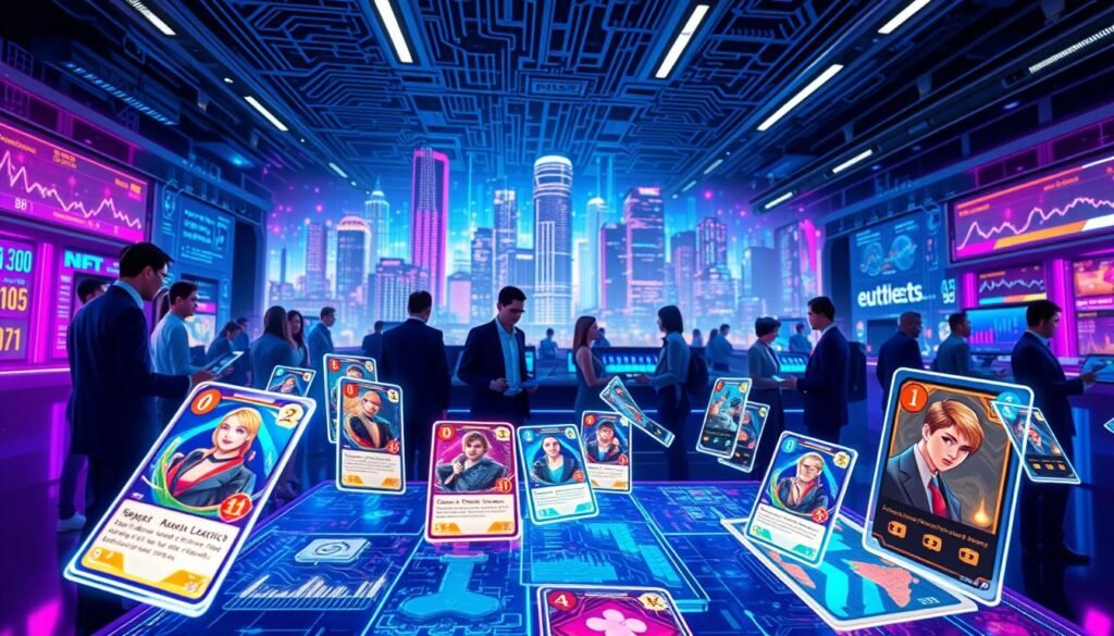 A futuristic digital marketplace illustrating the evolution of NFTs, with vibrant holographic trading cards floating in the foreground, showcasing various designs and colors. In the middle ground, a stylized representation of diverse digital traders, dressed in professional business attire, engaging with interactive displays and graphs that depict market trends and data analytics. The background features a city skyline made of circuit-like patterns, glowing with neon lights, symbolizing the technological advancement of the NFT market. The lighting is vivid and dynamic, with a combination of blue and purple hues creating a high-tech atmosphere. A wide-angle perspective captures the bustling environment, conveying excitement and innovation in the NFT trading card evolution.