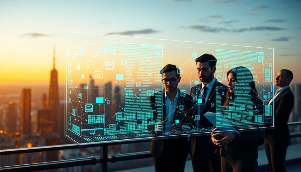 A futuristic, digital representation of an immutable ledger, embodying the principles of blockchain technology in a transparent and trustworthy manner. Foreground: a sleek, holographic interface displaying interconnected blocks of data, glowing with inviting blue and green lights, symbolizing security and integrity. Middle ground: diverse professional figures in business attire analyzing the data, reflecting engagement and trust, with a focus on transparency and collaboration. Background: a modern city skyline at dusk, bathed in warm golden light, emphasizing innovation and progress. The overall atmosphere is optimistic and professional, hinting at a new era in NGO and nonprofit operations, with soft lighting highlighting the details of the digital ledger and the expressions of the individuals. A futuristic, digital representation of an immutable ledger, embodying the principles of blockchain technology in a transparent and trustworthy manner. Foreground: a sleek, holographic interface displaying interconnected blocks of data, glowing with inviting blue and green lights, symbolizing security and integrity. Middle ground: diverse professional figures in business attire analyzing the data, reflecting engagement and trust, with a focus on transparency and collaboration. Background: a modern city skyline at dusk, bathed in warm golden light, emphasizing innovation and progress. The overall atmosphere is optimistic and professional, hinting at a new era in NGO and nonprofit operations, with soft lighting highlighting the details of the digital ledger and the expressions of the individuals.