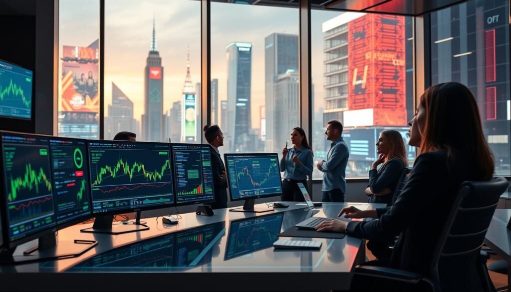 A futuristic digital trading room filled with advanced technology concepts related to AI-driven crypto trading. In the foreground, a sleek, high-tech desk displays multiple screens showcasing complex charts and algorithms, with bright green and red trading indicators. In the middle, a diverse group of professionals in business attire are engaged in collaborative discussions, highlighting excitement and focus. Soft, ambient lighting casts a gentle glow over the scene, while large windows in the background reveal a vibrant city skyline filled with digital billboards and holographic displays. The atmosphere is dynamic and innovative, symbolizing the fusion of finance and technology in a modern trading environment. A futuristic digital trading room filled with advanced technology concepts related to AI-driven crypto trading. In the foreground, a sleek, high-tech desk displays multiple screens showcasing complex charts and algorithms, with bright green and red trading indicators. In the middle, a diverse group of professionals in business attire are engaged in collaborative discussions, highlighting excitement and focus. Soft, ambient lighting casts a gentle glow over the scene, while large windows in the background reveal a vibrant city skyline filled with digital billboards and holographic displays. The atmosphere is dynamic and innovative, symbolizing the fusion of finance and technology in a modern trading environment.