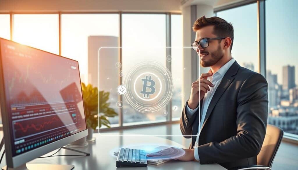 A futuristic digital workspace featuring a virtual "ChatGPT Crypto Trading Assistant." In the foreground, a sleek computer monitor displays complex trading charts and cryptocurrency data, illuminated by a soft blue glow. The middle layer includes a stylized holographic interface with visualizations of various cryptocurrencies, such as Bitcoin and Ethereum, rotating gently. A professional individual in business attire is seen actively engaging with the virtual assistant, with a thoughtful expression on their face. The background showcases a modern, minimalistic office with large windows revealing a city skyline, bathed in warm sunlight, creating an optimistic atmosphere. The scene captures a blend of technology and finance, highlighting cooperation between human intelligence and AI. Employ a wide-angle perspective for a dramatic effect, emphasizing the seamless integration of advanced technology in everyday trading practices. A futuristic digital workspace featuring a virtual "ChatGPT Crypto Trading Assistant." In the foreground, a sleek computer monitor displays complex trading charts and cryptocurrency data, illuminated by a soft blue glow. The middle layer includes a stylized holographic interface with visualizations of various cryptocurrencies, such as Bitcoin and Ethereum, rotating gently. A professional individual in business attire is seen actively engaging with the virtual assistant, with a thoughtful expression on their face. The background showcases a modern, minimalistic office with large windows revealing a city skyline, bathed in warm sunlight, creating an optimistic atmosphere. The scene captures a blend of technology and finance, highlighting cooperation between human intelligence and AI. Employ a wide-angle perspective for a dramatic effect, emphasizing the seamless integration of advanced technology in everyday trading practices.