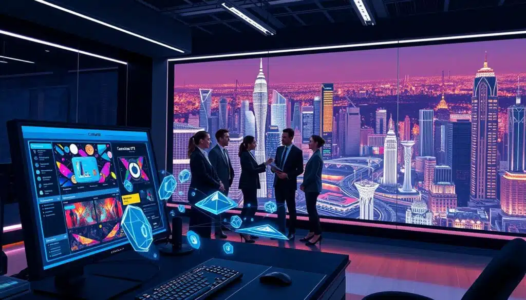A futuristic digital workspace focused on the Cardano NFT minting process. In the foreground, a sleek computer setup displays an intricate Cardano user interface with colorful digital artwork ready for minting, surrounded by holographic elements showcasing NFTs. The middle ground features a diverse group of people dressed in professional business attire, collaborating and discussing strategies while viewing the minting process on a large interactive screen. The background reveals a vibrant digital cityscape, symbolizing innovation and blockchain technology, illuminated by soft, ambient lighting that creates a friendly and creative atmosphere. The scene is captured from a dynamic angle, highlighting collaboration and excitement in the world of Cardano NFTs.