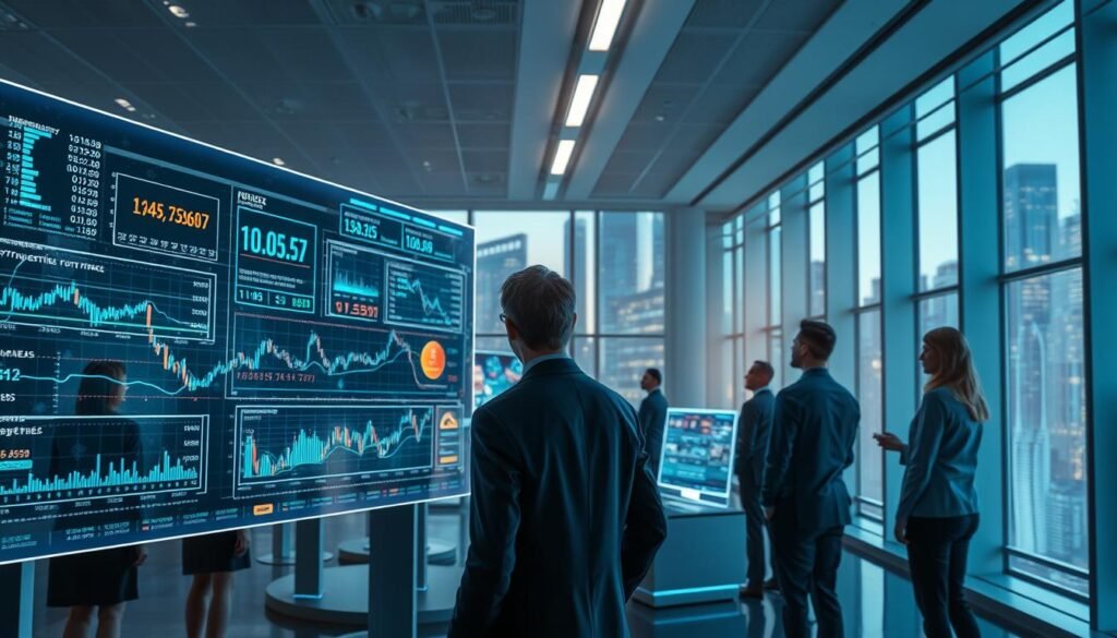 A futuristic digital workspace illustrating AI crypto market manipulation detection capabilities. In the foreground, a diverse team of professionals in business attire analyzes large holographic displays filled with data graphs and charts, showcasing fluctuating cryptocurrency prices and patterns. The middle ground features advanced AI algorithms represented as dynamic light trails and binary code, highlighted against sleek screens. The background reveals a modern, high-tech office environment bathed in soft blue and green ambient lighting, with views of city skyscrapers through large windows, emphasizing innovation and technology. The overall mood is focused and insightful, depicting a blend of human expertise and cutting-edge AI technology.