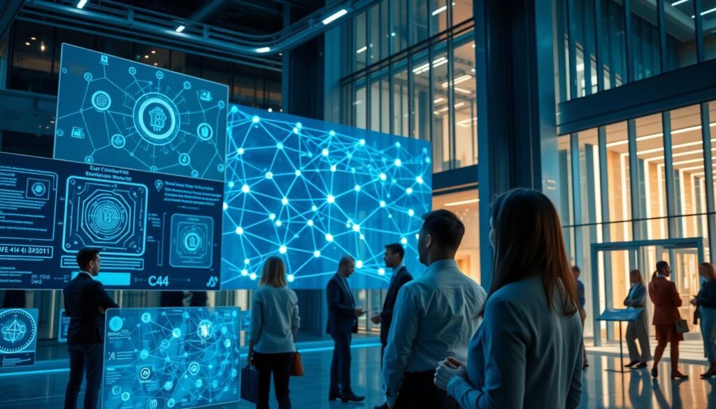 A futuristic digital workspace illustrating the concept of a Decentralized Autonomous Organization (DAO). In the foreground, multiple holographic screens display complex blockchain graphics and smart contracts, with diverse professionals in business attire engaging in discussions, highlighting collaboration. The middle layer features an abstract representation of interconnected nodes and pathways symbolizing decentralized networks, with soft glowing lines suggesting communication flow. In the background, a modern architectural structure made of glass and steel reflects digital elements, representing innovation and transparency. The atmosphere is vibrant and dynamic, bathed in cool blue and green lighting that evokes a sense of advancement and collaboration, shot from a slightly elevated angle to provide a comprehensive view of the scene.