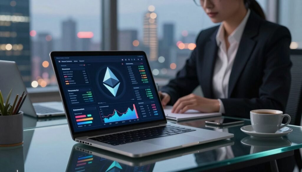 A futuristic digital workspace showcasing a sleek Ethereum investment portfolio on a high-tech device, such as a tablet or laptop, prominently displayed in the foreground. The device screen features colorful graphical representations of Ethereum charts, cryptocurrency symbols, and performance metrics. In the middle ground, an individual dressed in professional business attire, focused on the investment portfolio, is seated at a modern glass desk, illuminated by soft, ambient lighting. The background features a panoramic view of a bustling city skyline, symbolizing innovation and growth. The overall mood is one of optimism and sophistication, highlighting the evolving world of digital finance. The composition should be captured with a slight depth of field, emphasizing the portfolio while allowing the cityscape to blur subtly in the background. A futuristic digital workspace showcasing a sleek Ethereum investment portfolio on a high-tech device, such as a tablet or laptop, prominently displayed in the foreground. The device screen features colorful graphical representations of Ethereum charts, cryptocurrency symbols, and performance metrics. In the middle ground, an individual dressed in professional business attire, focused on the investment portfolio, is seated at a modern glass desk, illuminated by soft, ambient lighting. The background features a panoramic view of a bustling city skyline, symbolizing innovation and growth. The overall mood is one of optimism and sophistication, highlighting the evolving world of digital finance. The composition should be captured with a slight depth of field, emphasizing the portfolio while allowing the cityscape to blur subtly in the background.