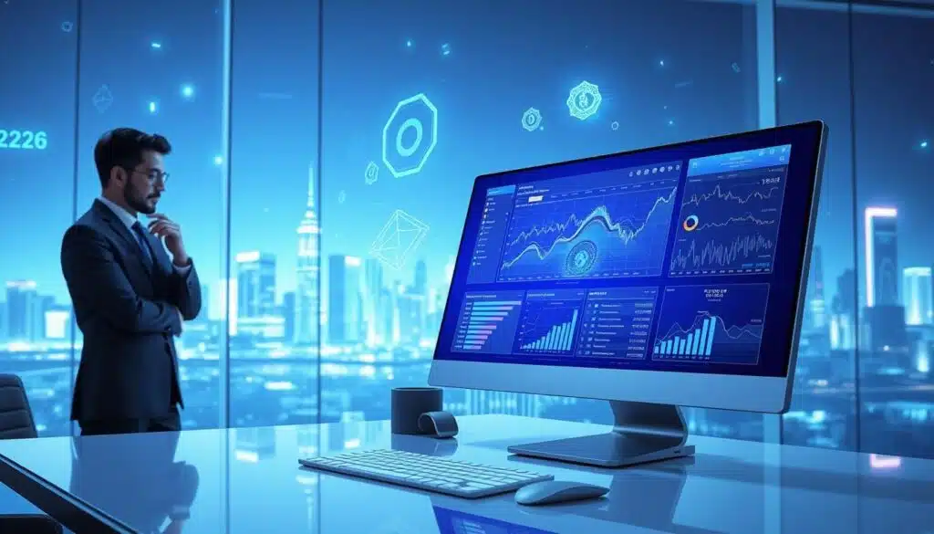 A futuristic digital workspace showcasing the concept of AI and cryptocurrency. In the foreground, a sleek, modern desk with a high-resolution computer screen displaying analytics data and AI-powered visuals related to cryptocurrency. To the left, a professional individual in business attire is engaged with the screen, thoughtfully analyzing trends. In the middle, elements like holographic charts and graphs float, representing real-time data related to AI and crypto. The background features a vibrant digital landscape with abstract representations of blockchain technology, circuit patterns, and a city skyline illuminated by neon lights. Soft blue and green lighting creates a tech-savvy atmosphere, emphasizing innovation and progression into 2026. The overall mood is optimistic and forward-looking, encapsulating the synergy of AI and cryptocurrency. A futuristic digital workspace showcasing the concept of AI and cryptocurrency. In the foreground, a sleek, modern desk with a high-resolution computer screen displaying analytics data and AI-powered visuals related to cryptocurrency. To the left, a professional individual in business attire is engaged with the screen, thoughtfully analyzing trends. In the middle, elements like holographic charts and graphs float, representing real-time data related to AI and crypto. The background features a vibrant digital landscape with abstract representations of blockchain technology, circuit patterns, and a city skyline illuminated by neon lights. Soft blue and green lighting creates a tech-savvy atmosphere, emphasizing innovation and progression into 2026. The overall mood is optimistic and forward-looking, encapsulating the synergy of AI and cryptocurrency.