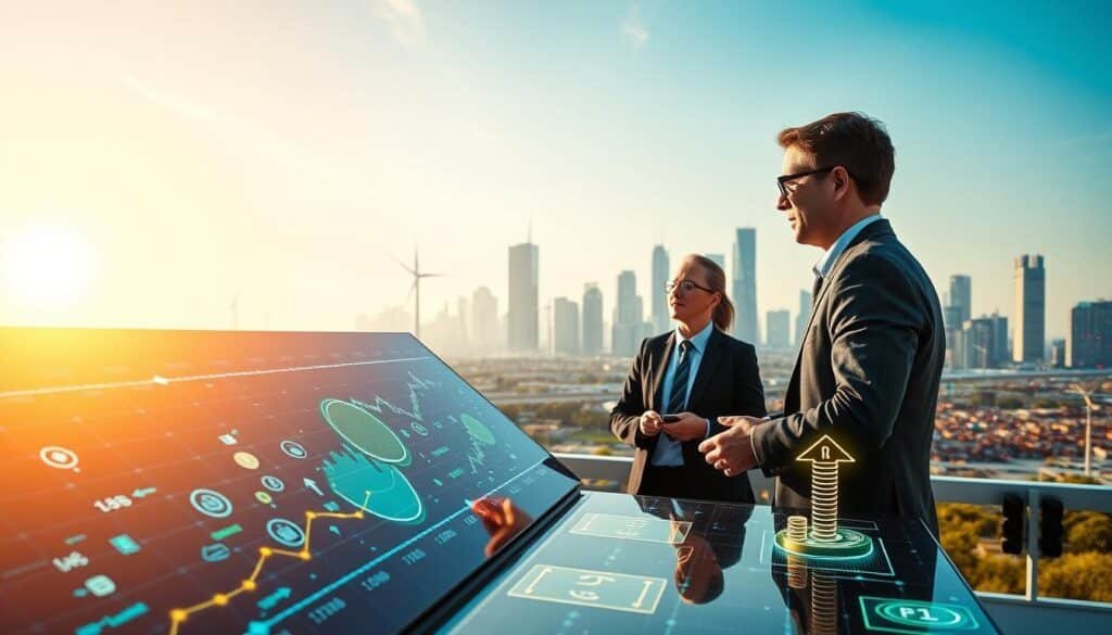 A futuristic energy trading platform showcasing blockchain technology in the energy sector. In the foreground, a sleek digital interface displays real-time energy transactions, with glowing symbols representing blockchain nodes and cryptocurrency. The middle ground features professionals in business attire discussing renewable energy—solar panels and wind turbines visible in their conversation. In the background, a city skyline integrates smart grids with vibrant lights that pulsate like data flows. The lighting is bright and vibrant, giving an optimistic feel, resembling a sunny day. Use a wide-angle lens to emphasize the depth of the scene, highlighting the seamless integration of technology and energy. The atmosphere exudes innovation and collaboration, underscoring the potential of blockchain to revolutionize energy trading.