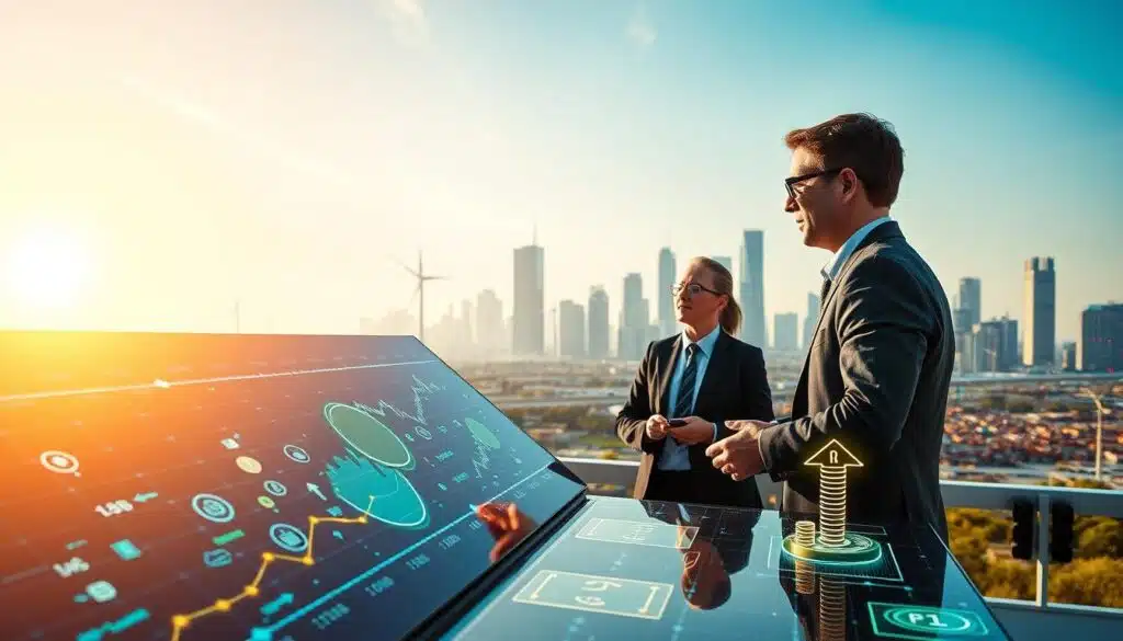 A futuristic energy trading platform showcasing blockchain technology in the energy sector. In the foreground, a sleek digital interface displays real-time energy transactions, with glowing symbols representing blockchain nodes and cryptocurrency. The middle ground features professionals in business attire discussing renewable energy—solar panels and wind turbines visible in their conversation. In the background, a city skyline integrates smart grids with vibrant lights that pulsate like data flows. The lighting is bright and vibrant, giving an optimistic feel, resembling a sunny day. Use a wide-angle lens to emphasize the depth of the scene, highlighting the seamless integration of technology and energy. The atmosphere exudes innovation and collaboration, underscoring the potential of blockchain to revolutionize energy trading.
