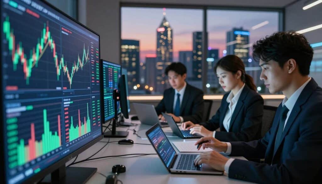 A futuristic financial scene showcasing cryptocurrency market trends in 2026. In the foreground, a digital display board featuring vibrant, fluctuating cryptocurrency graphs and charts, projecting green and red indicators reflecting market activity. The middle ground includes a modern workspace filled with professional individuals in business attire, analyzing data on tablets and laptops, their expressions focused and engaged. In the background, a sleek city skyline under a twilight sky, illuminated by neon lights echoing the tech-driven market. A sense of anticipation and dynamism permeates the atmosphere, enhanced by a soft glow from screens and ambient lighting, captured with a wide-angle lens to emphasize the interaction between technology and finance. The overall mood should convey innovation and growth in the crypto landscape.