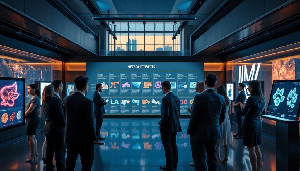 A futuristic gallery showcasing the evolution of digital collectibles, focusing on the progression of NFTs. In the foreground, a diverse group of professionals in business attire examines vibrant, holographic NFTs displayed on sleek digital screens. The middle ground features a timeline wall with key milestones in NFT history, each milestone represented by richly detailed visuals of iconic digital art pieces. The background includes a stylish modern architecture interior, filled with soft ambient lighting that creates a warm atmosphere. Use a wide-angle lens to capture an expansive view of the gallery, emphasizing the intricate details of each piece. The overall mood should be one of curiosity and innovation, illustrating the significance of NFTs as modern collectibles. A futuristic gallery showcasing the evolution of digital collectibles, focusing on the progression of NFTs. In the foreground, a diverse group of professionals in business attire examines vibrant, holographic NFTs displayed on sleek digital screens. The middle ground features a timeline wall with key milestones in NFT history, each milestone represented by richly detailed visuals of iconic digital art pieces. The background includes a stylish modern architecture interior, filled with soft ambient lighting that creates a warm atmosphere. Use a wide-angle lens to capture an expansive view of the gallery, emphasizing the intricate details of each piece. The overall mood should be one of curiosity and innovation, illustrating the significance of NFTs as modern collectibles.