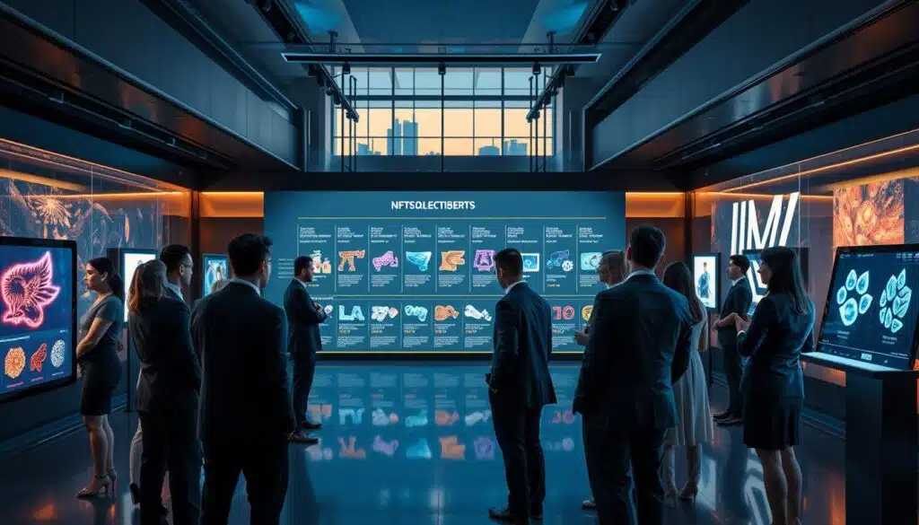 A futuristic gallery showcasing the evolution of digital collectibles, focusing on the progression of NFTs. In the foreground, a diverse group of professionals in business attire examines vibrant, holographic NFTs displayed on sleek digital screens. The middle ground features a timeline wall with key milestones in NFT history, each milestone represented by richly detailed visuals of iconic digital art pieces. The background includes a stylish modern architecture interior, filled with soft ambient lighting that creates a warm atmosphere. Use a wide-angle lens to capture an expansive view of the gallery, emphasizing the intricate details of each piece. The overall mood should be one of curiosity and innovation, illustrating the significance of NFTs as modern collectibles.