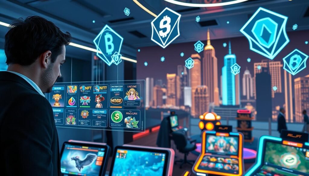 A futuristic gaming environment showcasing blockchain technology, where players interact with colorful digital assets and NFT items. In the foreground, an individual in business casual attire is focused on a holographic interface displaying various NFT game characters and virtual currencies. The middle ground features a vibrant gaming setup with monitors displaying dynamic gameplay and crypto wallet information. In the background, a stylized cityscape represents the digital economy, with animated blockchain graphics flowing through the air, illustrating transparency and ownership. The scene is illuminated by soft neon lighting, creating an exciting yet professional atmosphere that emphasizes the potential of NFT gaming and real money rewards. The angle captures a slightly elevated view for depth.