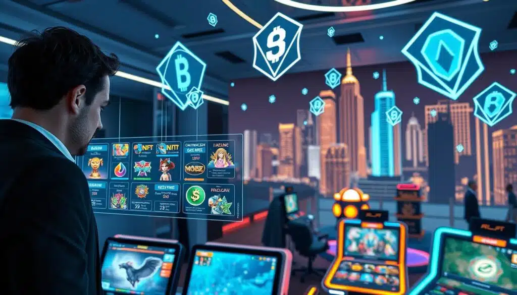 A futuristic gaming environment showcasing blockchain technology, where players interact with colorful digital assets and NFT items. In the foreground, an individual in business casual attire is focused on a holographic interface displaying various NFT game characters and virtual currencies. The middle ground features a vibrant gaming setup with monitors displaying dynamic gameplay and crypto wallet information. In the background, a stylized cityscape represents the digital economy, with animated blockchain graphics flowing through the air, illustrating transparency and ownership. The scene is illuminated by soft neon lighting, creating an exciting yet professional atmosphere that emphasizes the potential of NFT gaming and real money rewards. The angle captures a slightly elevated view for depth. A futuristic gaming environment showcasing blockchain technology, where players interact with colorful digital assets and NFT items. In the foreground, an individual in business casual attire is focused on a holographic interface displaying various NFT game characters and virtual currencies. The middle ground features a vibrant gaming setup with monitors displaying dynamic gameplay and crypto wallet information. In the background, a stylized cityscape represents the digital economy, with animated blockchain graphics flowing through the air, illustrating transparency and ownership. The scene is illuminated by soft neon lighting, creating an exciting yet professional atmosphere that emphasizes the potential of NFT gaming and real money rewards. The angle captures a slightly elevated view for depth.