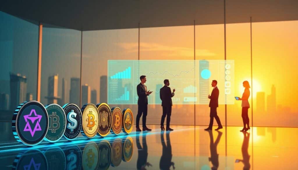 A futuristic illustration depicting the evolution of cryptocurrency token vesting. In the foreground, a sleek digital representation of various crypto tokens, each with unique designs and colors, arranged in a descending line to illustrate time progression. In the middle ground, a stylized, modern office environment with professionals in business attire discussing strategies around a transparent digital board displaying graphs and statistics related to token vesting. The background features a vibrant city skyline symbolizing innovation and technology, bathed in a warm golden sunset to suggest optimism. The lighting should be soft, creating an inviting and focused atmosphere, captured from a slightly elevated angle to emphasize the interaction between the tokens and the professionals. A futuristic illustration depicting the evolution of cryptocurrency token vesting. In the foreground, a sleek digital representation of various crypto tokens, each with unique designs and colors, arranged in a descending line to illustrate time progression. In the middle ground, a stylized, modern office environment with professionals in business attire discussing strategies around a transparent digital board displaying graphs and statistics related to token vesting. The background features a vibrant city skyline symbolizing innovation and technology, bathed in a warm golden sunset to suggest optimism. The lighting should be soft, creating an inviting and focused atmosphere, captured from a slightly elevated angle to emphasize the interaction between the tokens and the professionals.