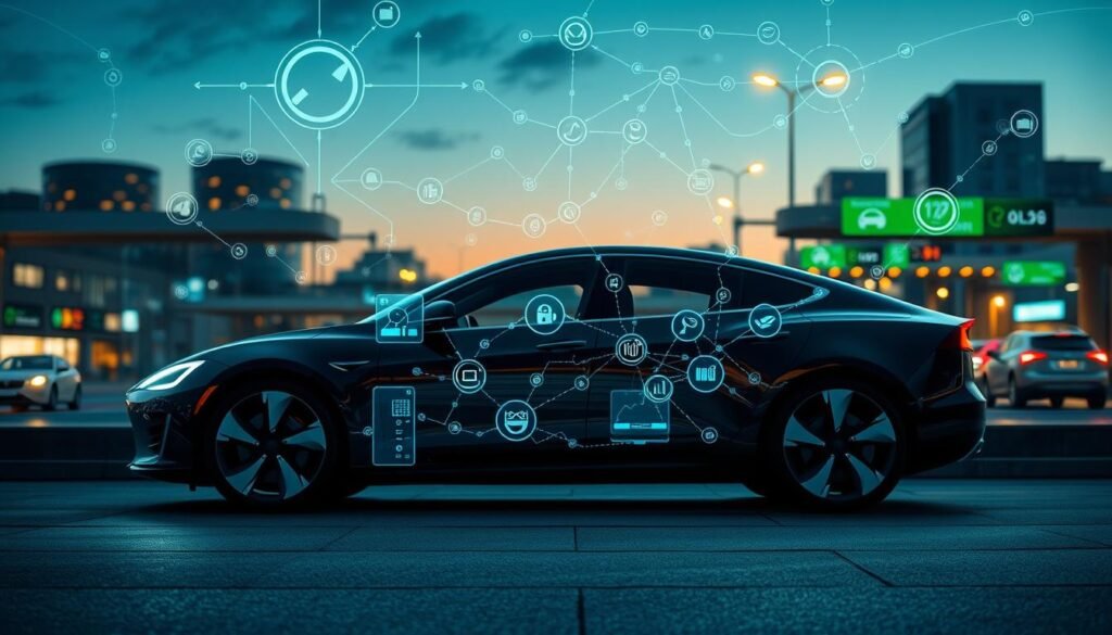 A futuristic illustration of a "blockchain automotive ecosystem network," showcasing interconnected digital nodes representing various automotive sectors like manufacturing, supply chain, and user interaction. In the foreground, a sleek electric vehicle is parked, with holographic displays emerging from its surface, depicting data flow and blockchain transactions. The middle ground features a digital map with nodes and lines linking different automotive companies and services, symbolizing collaboration and transparency. The background reveals a modern cityscape with smart traffic systems, illuminated at dusk, creating a vibrant and innovative atmosphere. Use cinematic lighting with a blue and green color palette to evoke a sense of technology and progress. Capture the scene from a low-angle perspective to emphasize scale and integration within the ecosystem.