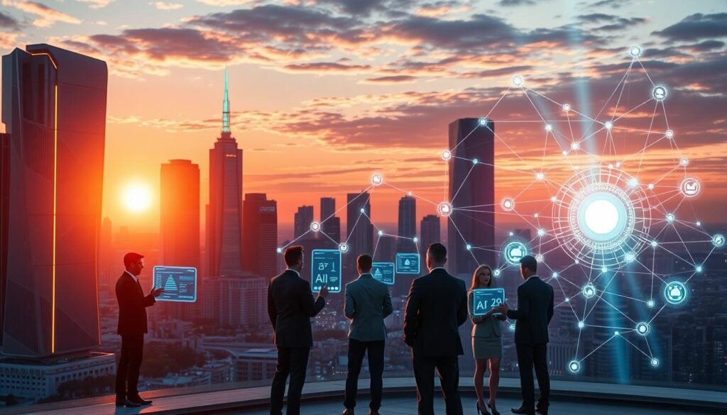 A futuristic landscape illustrating the convergence of AI and blockchain technology. In the foreground, a sleek, modern city skyline features buildings adorned with circuit patterns and glowing digital accents. A diverse group of professionals in business attire interacts with holographic interfaces displaying blockchain data and AI algorithms. In the middle ground, interconnected nodes and transparent data streams weave through the environment, symbolizing the integration of these technologies. The background showcases a vibrant sunset casting warm light, enhancing the atmosphere of innovation and advancement. Use a wide-angle lens to capture the entire scene, and create dynamic lighting that highlights the high-tech elements, evoking a sense of optimism and progress in the AI and blockchain sectors.