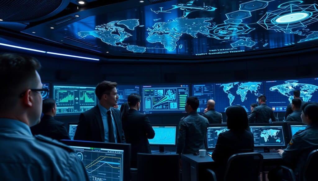 A futuristic military command center showcasing the integration of blockchain technology. In the foreground, a diverse group of professionals in business attire, intently discussing digital screens displaying blockchain networks and secure data flows. The middle ground features advanced computer screens with graphs and diagrams illustrating blockchain applications in military logistics and secure communications. The background contains a high-tech room adorned with holographic maps of military operations and defense strategies, illuminated by ambient blue and green lights. The atmosphere feels innovative and strategic, conveying a sense of urgency and collaboration. Capture this scene from a wide angle to emphasize the technology and teamwork involved in modern defense strategies.