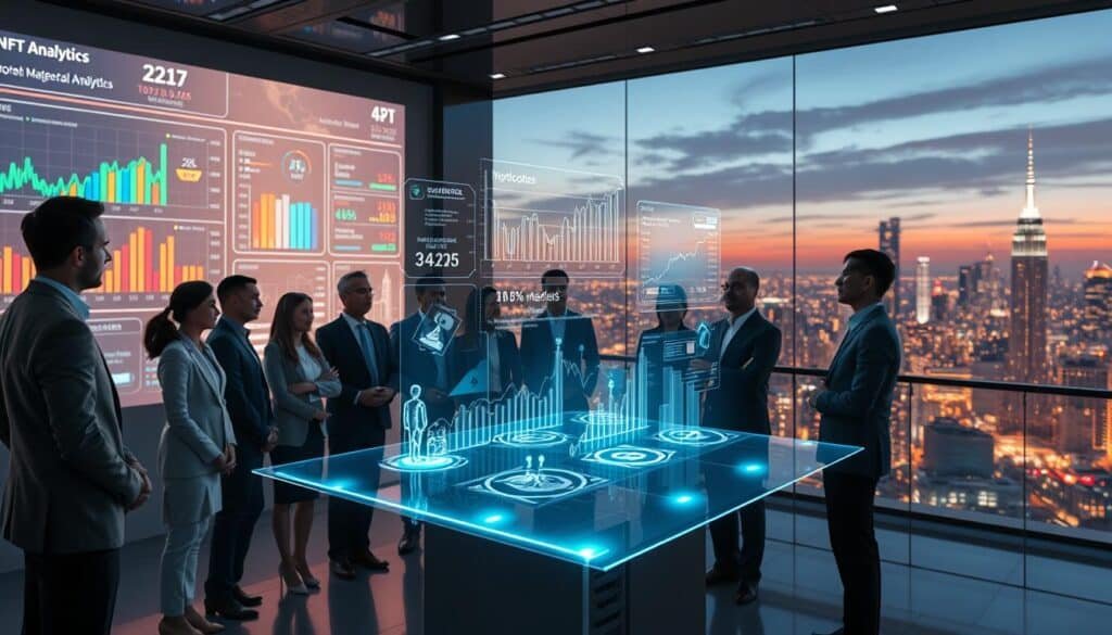 A futuristic office environment as the foreground, featuring a diverse group of professionals in business attire gathered around a sleek, high-tech display screen filled with colorful graphs and metrics related to NFT analytics. In the middle layer, visualize holographic projections of various NFT assets and market trends hovering above a digital table, their outlines glowing softly. The background showcases a panoramic city skyline during twilight, with twinkling lights and neon signs reflecting the growing interest in digital assets. The overall atmosphere should be dynamic and forward-thinking, utilizing soft, ambient lighting to create a sense of innovation and optimism, with a cinematic angle that evokes a sense of wonder about the future of NFT analytics.