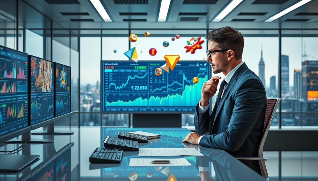 A futuristic office environment illustrates the complexities of NFT valuation challenges, featuring a sleek desk with multiple screens displaying colorful digital artwork representing various NFTs. In the foreground, a professional business person in formal attire analyzes data and graphs, looking thoughtful and engaged. The middle ground showcases a digital board filled with fluctuating market trends and valuation metrics, while artistic representations of NFTs float around, symbolizing their diverse nature. In the background, a modern city skyline hints at a vibrant digital economy. The lighting is bright and focused, with a slight glow emanating from the screens, creating an atmosphere of innovation and urgency, reflecting the need for AI solutions in crypto art valuation amidst confusion and uncertainty. A futuristic office environment illustrates the complexities of NFT valuation challenges, featuring a sleek desk with multiple screens displaying colorful digital artwork representing various NFTs. In the foreground, a professional business person in formal attire analyzes data and graphs, looking thoughtful and engaged. The middle ground showcases a digital board filled with fluctuating market trends and valuation metrics, while artistic representations of NFTs float around, symbolizing their diverse nature. In the background, a modern city skyline hints at a vibrant digital economy. The lighting is bright and focused, with a slight glow emanating from the screens, creating an atmosphere of innovation and urgency, reflecting the need for AI solutions in crypto art valuation amidst confusion and uncertainty.