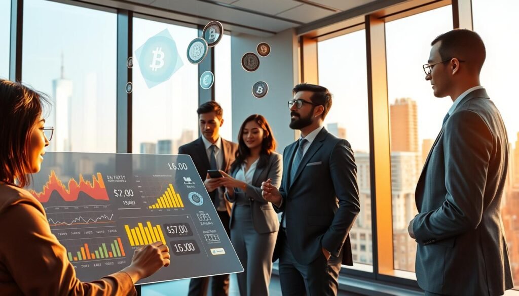 A futuristic office environment, showcasing a diverse group of professionals in business attire collaborating on automated transactions involving stablecoins. In the foreground, a diverse woman of Asian descent is working on a sleek touchscreen interface displaying vibrant graphs and blockchain data. In the middle ground, a mixed-gender team of professionals analyzes holographic currencies and smart contracts hovering in the air, indicating advanced AI technology integration. The background features large windows revealing a modern city skyline, bathed in warm, natural light streaming in, enhancing the dynamic yet focused atmosphere. The overall mood is one of innovation and efficiency, illustrating the synergy between AI and stablecoin management.