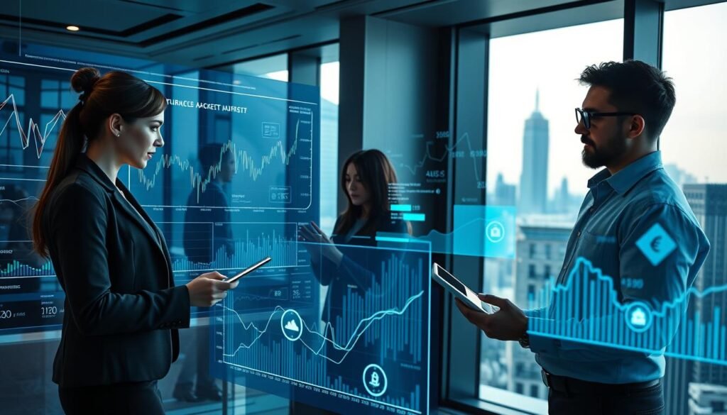A futuristic office environment showcasing a diverse team of professionals analyzing cryptocurrency market data. In the foreground, a woman in business attire studies complex graphs on a large digital display, while a man in casual professional clothing takes notes with a tablet. In the middle ground, holographic charts and data flows illustrate trends and forecasts, highlighting various cryptocurrencies. The background features a large window with a city skyline, bathed in soft blue and green lighting, creating a tech-savvy atmosphere. The overall mood is focused and optimistic, reflecting innovation and the potential of AI-driven crypto forecasting. The image is captured from a slightly elevated angle, enhancing the dynamic interaction between the team and technology.
