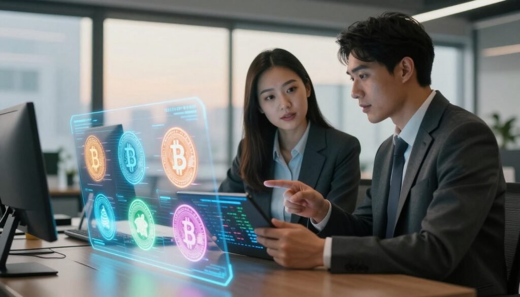 A futuristic office environment showcasing digital assets as collateral. In the foreground, a holographic display represents various cryptocurrencies and digital tokens, each glowing in vibrant colors. In the middle ground, a professional couple in business attire discusses a digital tablet displaying mortgage data, their expressions focused and engaged. The background features a sleek office with large windows that let in soft, natural light, creating an optimistic and innovative atmosphere. The scene is captured with a slight depth of field, emphasizing the holographic display while keeping the couple sharp and in focus. The lighting is warm and inviting, suggesting a blend of trust and technological advancement in the context of crypto-backed mortgages. A futuristic office environment showcasing digital assets as collateral. In the foreground, a holographic display represents various cryptocurrencies and digital tokens, each glowing in vibrant colors. In the middle ground, a professional couple in business attire discusses a digital tablet displaying mortgage data, their expressions focused and engaged. The background features a sleek office with large windows that let in soft, natural light, creating an optimistic and innovative atmosphere. The scene is captured with a slight depth of field, emphasizing the holographic display while keeping the couple sharp and in focus. The lighting is warm and inviting, suggesting a blend of trust and technological advancement in the context of crypto-backed mortgages.
