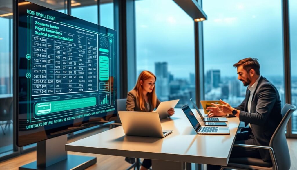 A futuristic office environment showcasing secure payroll systems integrated with blockchain technology. In the foreground, a sleek digital touchscreen displays a vibrant blockchain ledger with animated transaction icons and secure data flow. The middle ground features a diverse group of professionals—two individuals in business attire and one in smart casual wear—collaborating around a conference table, analyzing payroll data on laptops and tablets. The background includes large windows with a city skyline, suggesting a modern workplace. Soft, warm lighting highlights the professionals and creates a welcoming atmosphere. Use a slightly elevated angle to emphasize the transparent and secure nature of blockchain within the HR and payroll processes.