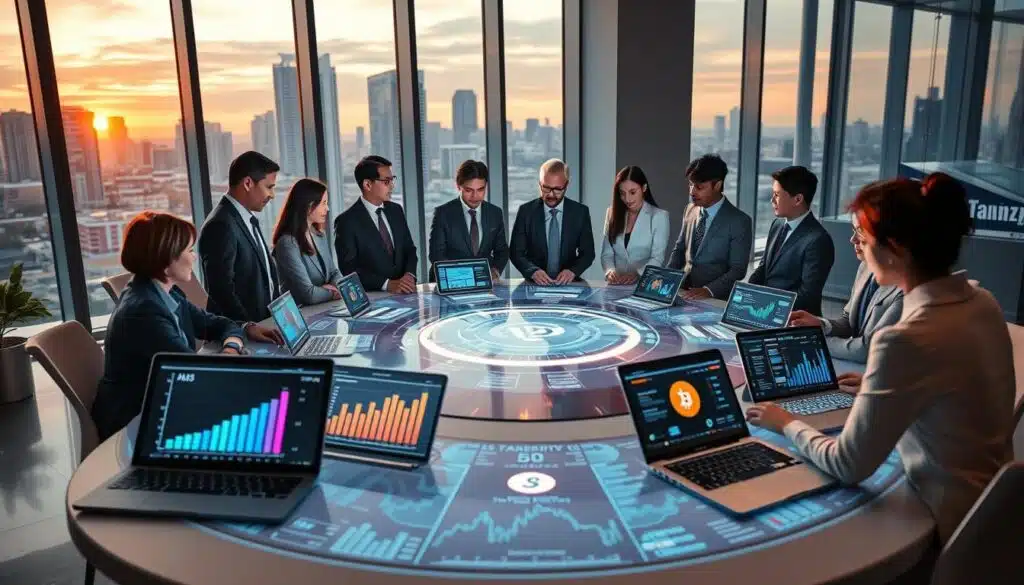 A futuristic office environment showcasing the trends in crypto tax software for 2026. In the foreground, a diverse group of professionals in business attire is engaged in a discussion around a sleek digital table with holographic interfaces displaying graphs and tax data. The middle ground features high-tech laptops and tablets, each showing different crypto tax software interfaces with colorful charts and cryptocurrencies symbol. The background contains large windows with a city skyline view at sunset, casting warm, soft lighting throughout the space. The atmosphere is dynamic and innovative, reflecting teamwork and advanced technology in the finance sector. Use a wide-angle perspective to capture the collaborative spirit and sophistication of the scene.