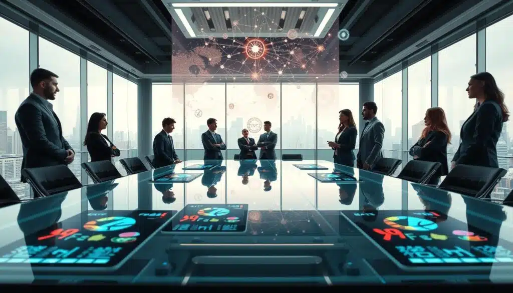 A futuristic office scene depicting "blockchain transparency" in action. In the foreground, a sleek glass conference table with digital tablets displaying colorful NFT artworks. The middle ground features diverse professionals in smart business attire, engaged in a discussion, analyzing data visualizations projected above the table, showcasing blockchain transactions with glowing lines and nodes for emphasis. The background reveals a modern office space with large windows, allowing soft natural light to flood in, while city skyline silhouettes are visible. The atmosphere is innovative and collaborative, filled with a sense of excitement about digital authentication and luxury purchases, evoking a feeling of trust and clarity in technology. The angle is slightly above eye level, capturing the interaction and technology harmoniously.