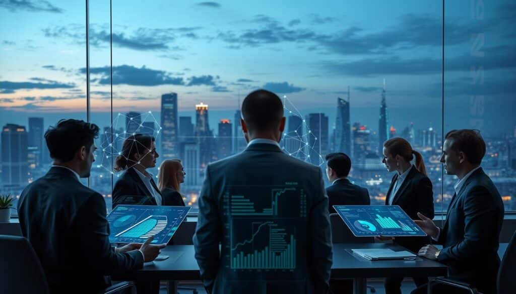 A futuristic office setting depicting machine learning algorithms applied to credit risk models. In the foreground, a diverse group of business professionals in smart business attire analyzes data on holographic screens displaying intricate graphs and metrics related to crypto credit scoring. The middle layer features a sleek digital interface showcasing interconnected nodes representing various factors in credit scoring, illuminated in a cool blue and green color palette, with flowing lines suggesting data movement. The background reveals a panoramic city skyline with modern skyscrapers under a twilight sky, casting a tranquil yet vibrant atmosphere. Soft ambient lights enhance the technological feel, and the scene is captured with a slight tilt-down angle to focus on the professionals and their data.