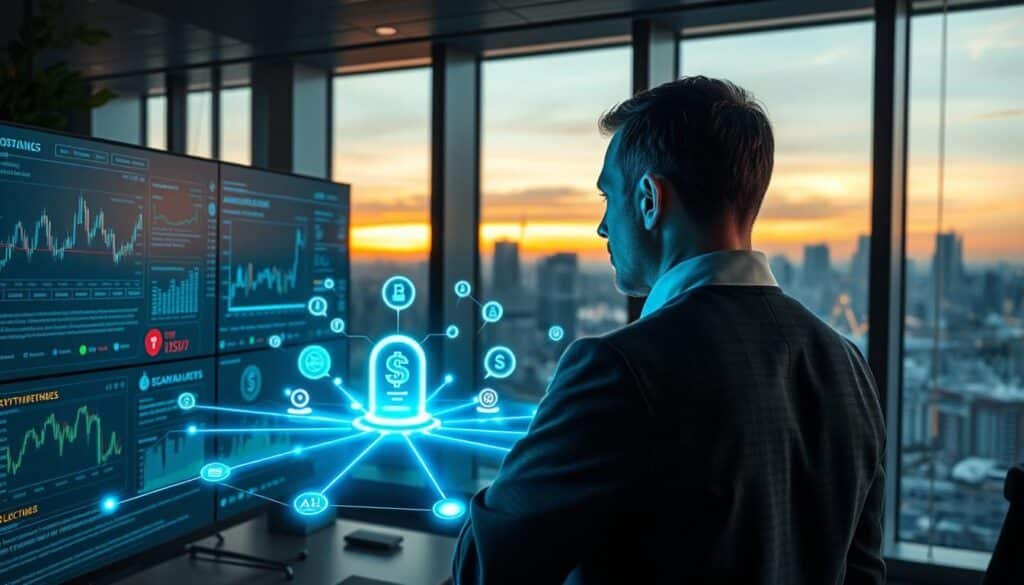 A futuristic office setting showcases a sleek, AI interface analyzing cryptocurrency data on multiple screens. In the foreground, a professional individual in business attire examines complex graphs and warning alerts, their expression serious and focused. The middle layer features holographic projections of digital currency symbols and scam indicators forming a web-like matrix around them, illuminated by soft blue and green LED lighting. In the background, large windows reveal a bustling cityscape with a hint of dusk, casting a warm glow that contrasts with the cool tech ambiance. The atmosphere is tense, reflecting the urgency of identifying and combating rising AI-powered crypto scams. The image conveys a sense of innovation and alertness in the ever-evolving landscape of cryptocurrency security.