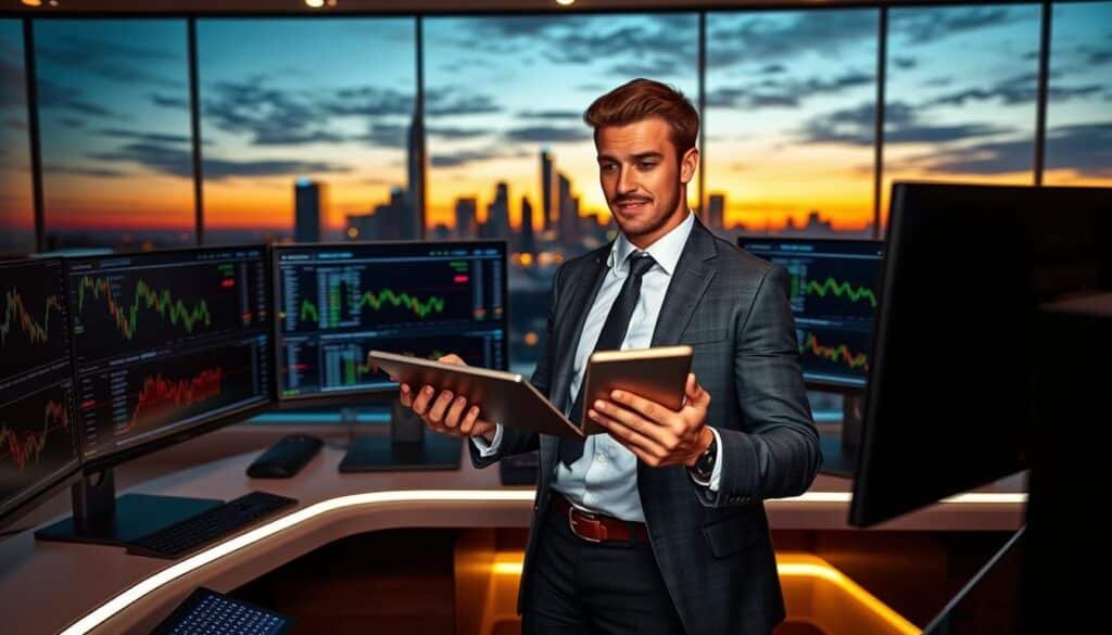 A futuristic office setting with a sleek trading desk in the foreground featuring multiple monitors displaying cryptocurrency charts and prices. In the middle, a confident trader, dressed in smart business attire, intently analyzes the data on the screens, using a tablet in one hand and gesturing with the other. Behind him, a panoramic city skyline fills the background, showcasing a sunset-lit urban landscape that reflects the excitement of the crypto market. The lighting is warm and inviting, with soft glows from the monitors illuminating the trader's focused expression. The overall atmosphere conveys a sense of determination and opportunity, embodying the essence of crypto scalping. A futuristic office setting with a sleek trading desk in the foreground featuring multiple monitors displaying cryptocurrency charts and prices. In the middle, a confident trader, dressed in smart business attire, intently analyzes the data on the screens, using a tablet in one hand and gesturing with the other. Behind him, a panoramic city skyline fills the background, showcasing a sunset-lit urban landscape that reflects the excitement of the crypto market. The lighting is warm and inviting, with soft glows from the monitors illuminating the trader's focused expression. The overall atmosphere conveys a sense of determination and opportunity, embodying the essence of crypto scalping.