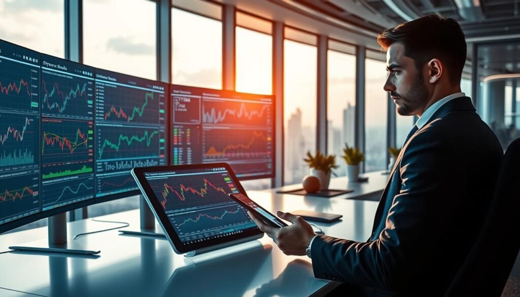 A futuristic office setting with a sleek workstation displaying complex charts and graphs related to AI-generated crypto trading signals on multiple screens. In the foreground, a professional in business attire, intently analyzing data with a focused expression, holding a digital tablet showing live updates of trading signal accuracy. The background reveals large windows with a city skyline, bathed in soft, warm lighting, suggesting an ambiance of innovation and determination. The composition includes shadows from the screens on the desk, creating a sense of depth. The overall mood is one of intense analysis and strategic decision-making in the fast-paced world of cryptocurrency trading. A futuristic office setting with a sleek workstation displaying complex charts and graphs related to AI-generated crypto trading signals on multiple screens. In the foreground, a professional in business attire, intently analyzing data with a focused expression, holding a digital tablet showing live updates of trading signal accuracy. The background reveals large windows with a city skyline, bathed in soft, warm lighting, suggesting an ambiance of innovation and determination. The composition includes shadows from the screens on the desk, creating a sense of depth. The overall mood is one of intense analysis and strategic decision-making in the fast-paced world of cryptocurrency trading.