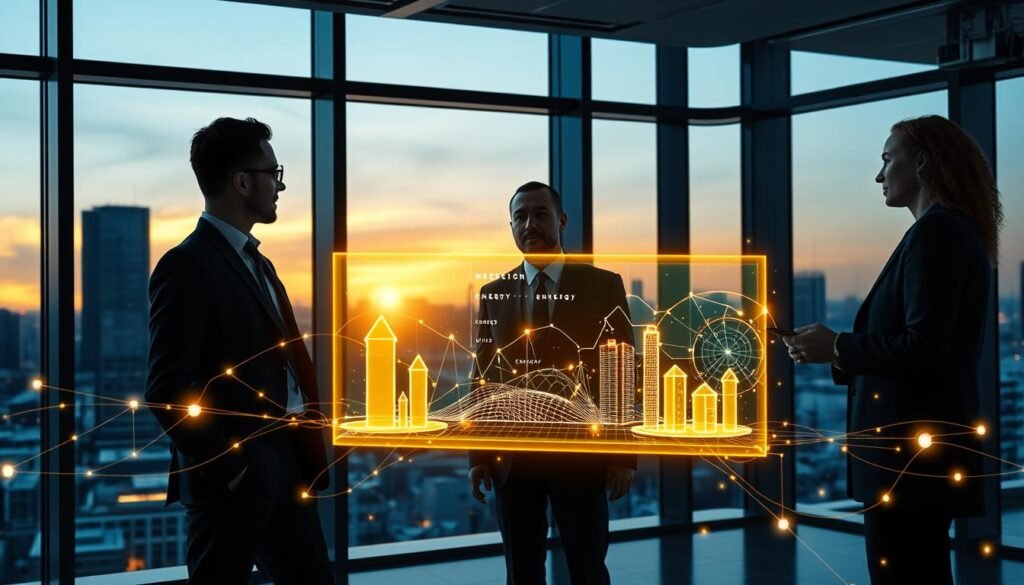 A futuristic office space with professionals analyzing a glowing blockchain network, visualized as interconnected nodes and energy grids. In the foreground, a diverse group of three people in business attire, two men and one woman, discuss the data represented on a digital screen showing energy trading transactions. The middle layer features a digital hologram illustrating the concept of energy flow, with vibrant colors signifying renewable energy sources like solar and wind. In the background, large windows reveal a city skyline at dusk, with soft golden lighting filtering through, creating an innovative and optimistic atmosphere. Use a wide-angle lens to capture the entire scene, emphasizing the dynamic interplay of technology and teamwork in the energy sector.