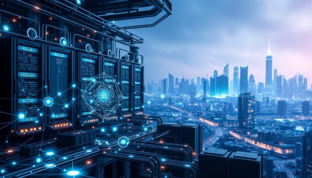 A futuristic oracle network infrastructure setting, showcasing a blend of advanced technology and digital connectivity. In the foreground, intricate circuits and glowing nodes representing data flows are intertwined with abstract representations of AI algorithms. The middle ground features sleek servers and holographic displays visualizing smart contracts and real-time analytics. In the background, a city skyline bathed in a soft blue light symbolizes the vast influence of AI networks, with digital data streams connecting the buildings. The scene is illuminated with ethereal lighting, enhancing the tech-savvy atmosphere, viewed from a slightly elevated angle to capture the depth and complexity of the network. The overall mood conveys innovation and sophistication, inviting the viewer into a future shaped by AI oracle networks.