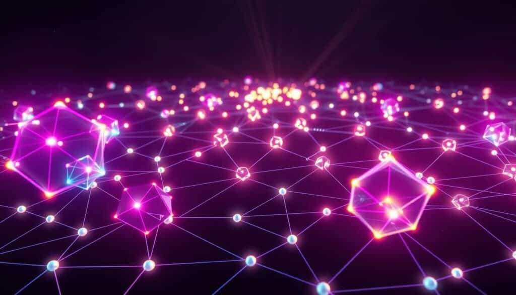 A futuristic representation of a mesh network, featuring interconnected nodes symbolizing blockchain technology. In the foreground, display semi-transparent geometric shapes in bright colors, emanating light to represent data flow. The middle ground should feature clusters of nodes connected by glowing lines, illustrating a decentralized network. Use a dark, gradient background to create contrast, with subtle digital patterns hinting at data streams. The overall atmosphere should evoke innovation and connectivity, with soft, radiant lighting illuminating the nodes. Capture the scene from a dynamic angle, perhaps slightly above eye level, to enhance the depth and complexity of the network. The colors should be vibrant yet balanced, reinforcing the theme of modern technology without overwhelming the senses.