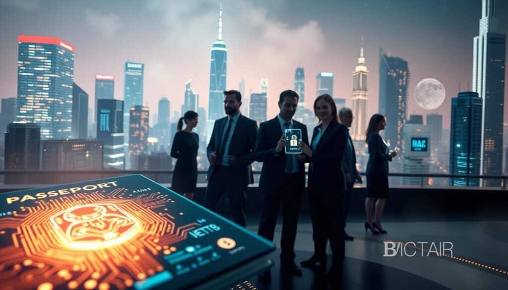 A futuristic representation of digital identity evolution, featuring a visually striking blend of technology and information. In the foreground, a glowing digital passport with intricate circuit patterns, symbolizing security and identity verification. The middle ground showcases a diverse group of professionals in business attire interacting with holographic interfaces displaying blockchain elements and identity data, conveying collaboration and innovation. The background features a digital cityscape with skyscrapers adorned with neon lights, encapsulating a high-tech atmosphere. Soft, ambient lighting creates a sense of optimism, while a slight fog adds depth, evoking a feeling of progress and transformation in the realm of digital identity and blockchain technology. The scene should be captured from a dynamic angle, emphasizing the interaction between individuals and technology.