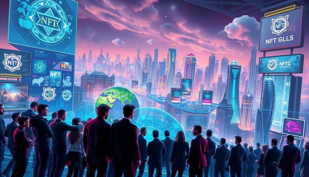 A futuristic scene illustrating the evolution of NFT gaming guilds, with a vibrant and dynamic composition. In the foreground, a diverse group of gamers in professional business attire huddle around holographic displays showing various NFT games and guild symbols. The middle layer features an array of interconnected virtual environments representing different gaming worlds—fantasy, sci-fi, and historical—blending seamlessly. In the background, a skyline of advanced cities adorned with digital billboards depicting guilds' logos and achievements. Soft neon lighting creates an energetic atmosphere, with a focus on technology and community. The angle captures a panoramic view, emphasizing the progression and growth of NFT gaming guilds, inspiring a sense of innovation and collaboration.