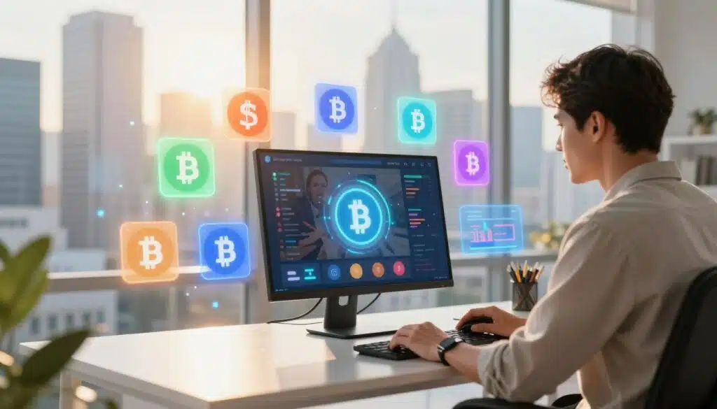 A futuristic scene showcasing a vibrant crypto rewards platform interface. In the foreground, a user is seated at a sleek desk, attentively watching a streaming video on a high-tech monitor, dressed in smart casual clothing. The middle ground features holographic icons representing various cryptocurrencies and rewards, glowing with dynamic colors that suggest activity and engagement. The background displays a bright, modern city skyline through a large window, bathed in warm golden sunlight, giving a sense of optimism and opportunity. The atmosphere is energetic and inviting, encouraging viewers to imagine the potential of earning crypto rewards effortlessly. Soft lens focus to highlight the subject while subtly blurring the background, creating depth in the composition.