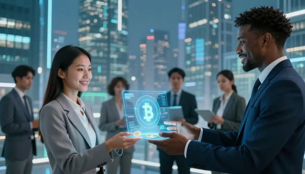 A futuristic setting showcasing a diverse group of people in professional business attire engaging in a digital transaction using a sleek, holographic interface. In the foreground, a woman of Asian descent and a man of African descent exchange digital currencies with expressions of satisfaction and trust. The middle ground features a modern cityscape, with tall, glass buildings reflecting advanced technology and innovation, symbolizing the evolution of remittances. A blue and green color palette conveys a sense of security and progress. The background is filled with soft, ambient lighting that creates a calm but energetic atmosphere, resembling a bustling financial district. The angle should be slightly elevated, capturing both the human interaction and the dynamic city environment, emphasizing the importance of cryptocurrency in global remittances in 2026.
