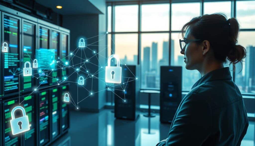 A futuristic telecom environment illustrating the integration of blockchain technology. In the foreground, a professional businessperson in smart attire examines a holographic display of interconnected blockchain nodes and telecommunications data streams. The middle ground features sleek servers and digital screens, showcasing real-time data flow and network connections. The background reveals a contemporary office space with large windows overlooking a city skyline, bathed in soft blue and green lighting to evoke a sense of innovation. A sense of collaboration and technological advancement fills the atmosphere, with subtle visual elements representing security and transparency, such as glowing locks and transparent chains. The image is shot with a wide-angle lens to capture the dynamic scene, providing a clear perspective on the synergy between blockchain and telecom. A futuristic telecom environment illustrating the integration of blockchain technology. In the foreground, a professional businessperson in smart attire examines a holographic display of interconnected blockchain nodes and telecommunications data streams. The middle ground features sleek servers and digital screens, showcasing real-time data flow and network connections. The background reveals a contemporary office space with large windows overlooking a city skyline, bathed in soft blue and green lighting to evoke a sense of innovation. A sense of collaboration and technological advancement fills the atmosphere, with subtle visual elements representing security and transparency, such as glowing locks and transparent chains. The image is shot with a wide-angle lens to capture the dynamic scene, providing a clear perspective on the synergy between blockchain and telecom.