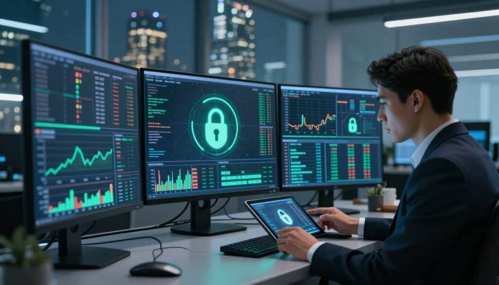 A futuristic trading desk filled with advanced cryptocurrency trading tools and screens displaying fluctuating charts and security icons. In the foreground, a focused individual in professional business attire examines data on a tablet, symbolizing the human element of trading. The middle layer features high-tech monitors with graphs and digital locks superimposed, showcasing themes of security and analysis. In the background, a sleek, modern office skyline glimmers through large windows, bathed in soft blue and green lighting to evoke a sense of innovation and trust. The atmosphere is serious yet inspiring, emphasizing the importance of security in cryptocurrency trading.