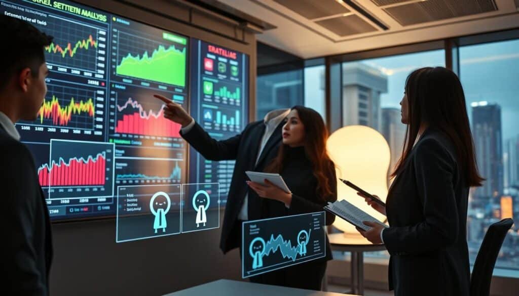 A futuristic trading room filled with advanced technology, showcasing a large screen displaying vibrant graphs and charts representing market sentiment analysis. In the foreground, a diverse group of three professionals wearing business attire analyzes the data intently. One person is pointing at a chart, while another takes notes. The middle ground features holographic displays illustrating emotions tied to cryptocurrency trends, such as excitement and uncertainty. The background displays window views of a bustling city, suggesting a dynamic business environment. Soft, ambient lighting creates a focused yet collaborative atmosphere, with shadows adding depth. The lens is slightly angled to capture the dynamic interactions among the team, emphasizing innovation in AI and sentiment analysis within crypto trading.