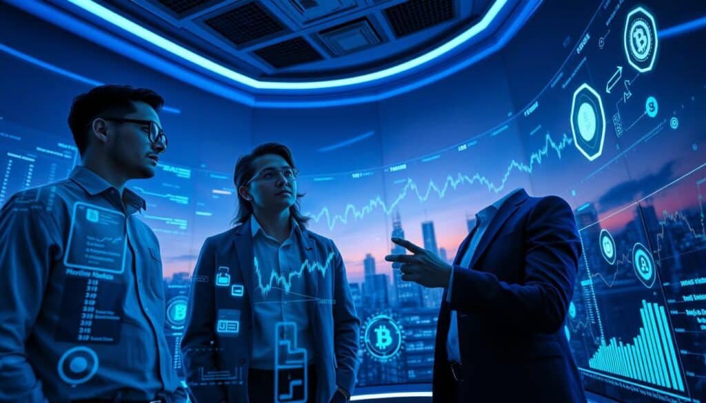 A futuristic trading room illuminated by soft blue LED lights, showcasing advanced artificial intelligence technology in action. In the foreground, a diverse group of three professionals—two men and one woman—dressed in smart casual attire, intensely analyzing dynamic charts and graphs projected from holographic screens. The middle ground features sleek AI algorithms visualized as vibrant flowing data streams, symbolizing the evolution of machine learning in crypto trading. In the background, a panoramic digital skyline showcases iconic crypto symbols and blockchain motifs, set against a twilight sky. The atmosphere is charged with innovation and excitement, emphasizing the cutting-edge nature of AI in the realm of altcoin research. The composition is photographed from a low angle to convey a sense of power and forward momentum, with a focus on clarity and detail.