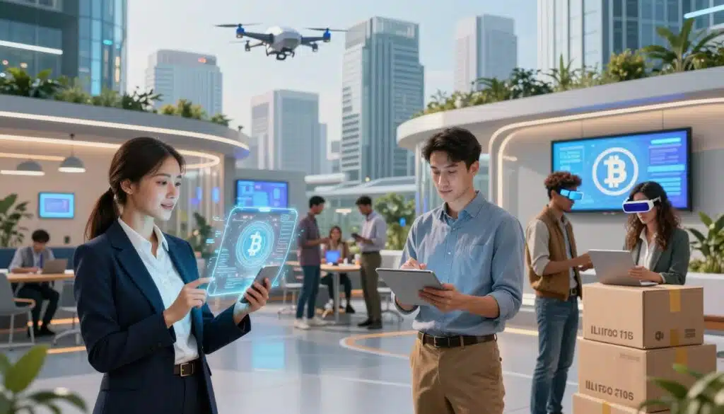 A futuristic urban scene depicting the transformation of gig work in 2026. In the foreground, a diverse group of gig workers is engaged in various tasks: a woman in professional business attire interacting with clients on a holographic device, a man in smart casual clothing analyzing data on a tablet, and a person wearing augmented reality glasses coordinating logistics. In the middle ground, modern coworking spaces blend with digital billboards showcasing cryptocurrency symbols. The background features a skyline filled with sleek, eco-friendly buildings and drones flying overhead. Soft, ambient lighting creates a vibrant atmosphere, highlighting innovation and collaboration. The overall mood is optimistic and dynamic, symbolizing the evolution and opportunities within the gig economy. A futuristic urban scene depicting the transformation of gig work in 2026. In the foreground, a diverse group of gig workers is engaged in various tasks: a woman in professional business attire interacting with clients on a holographic device, a man in smart casual clothing analyzing data on a tablet, and a person wearing augmented reality glasses coordinating logistics. In the middle ground, modern coworking spaces blend with digital billboards showcasing cryptocurrency symbols. The background features a skyline filled with sleek, eco-friendly buildings and drones flying overhead. Soft, ambient lighting creates a vibrant atmosphere, highlighting innovation and collaboration. The overall mood is optimistic and dynamic, symbolizing the evolution and opportunities within the gig economy.