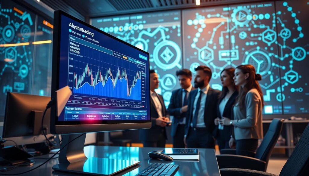 A futuristic, visually engaging scene depicting the concept of AI-driven crypto copy trading trends. In the foreground, feature a sleek computer monitor displaying dynamic graphs and real-time cryptocurrency data. The middle ground should include a diverse group of professionals, both men and women in smart business attire, deeply engaged in discussion, analyzing the data on the screen. The background showcases a high-tech office environment with digital screens projecting blockchain visuals and algorithmic patterns. Utilize soft, ambient lighting to create a modern, innovative atmosphere with hints of blue and green reflections that suggest technology and growth, captured from a low angle to emphasize the excitement and potential of AI in the crypto trading landscape.